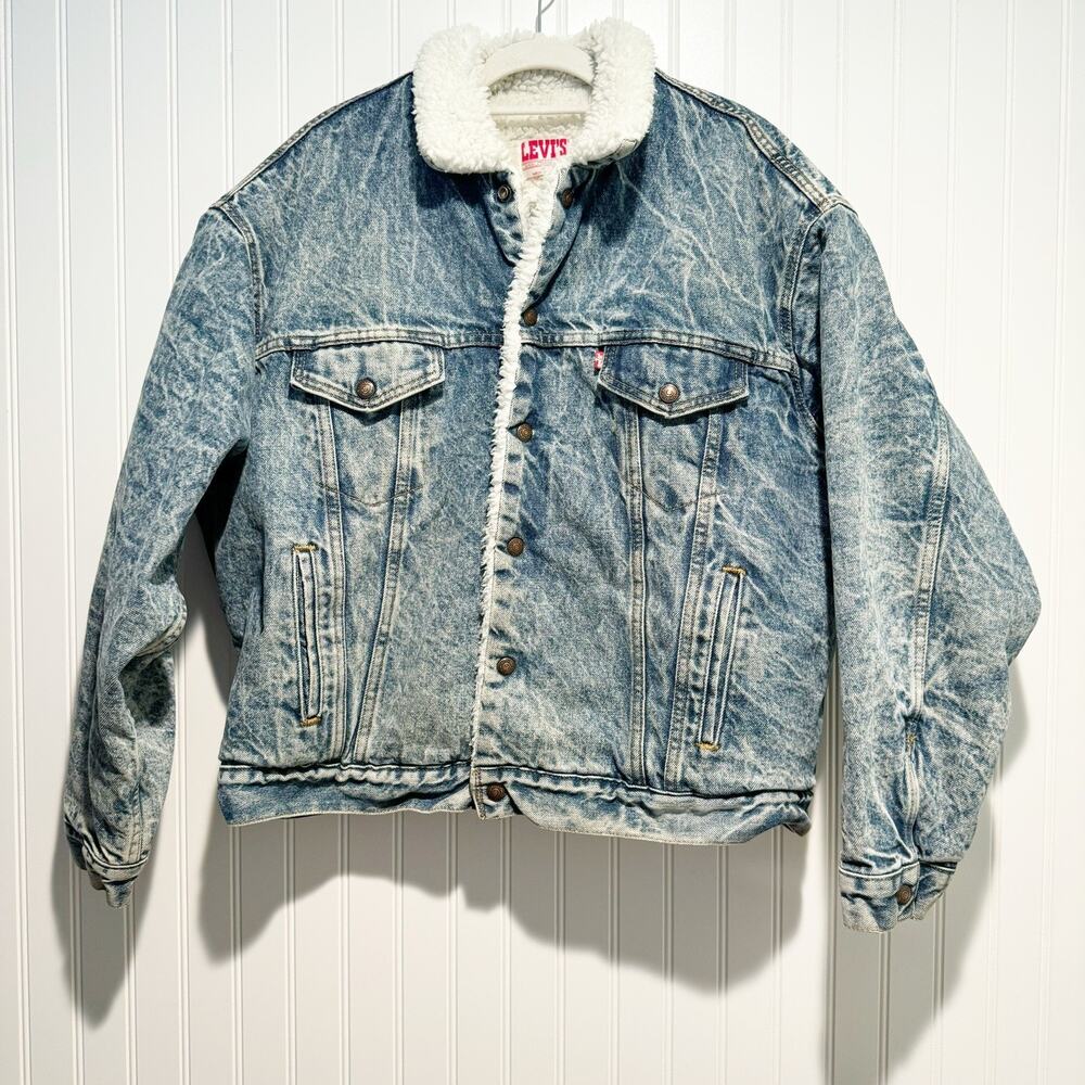 Vtg 80s Levis Acid Wash Sherpa Lined Denim Trucker Jacket Mens XL 70609-0219 USA
